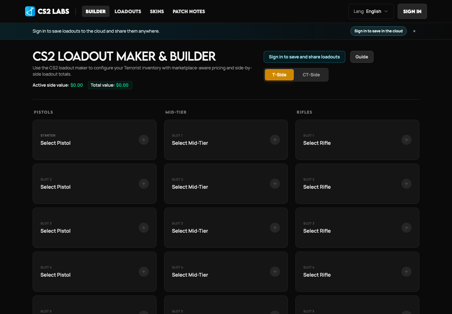 The CS2 Labs loadout builder with T-side slots and a running budget total