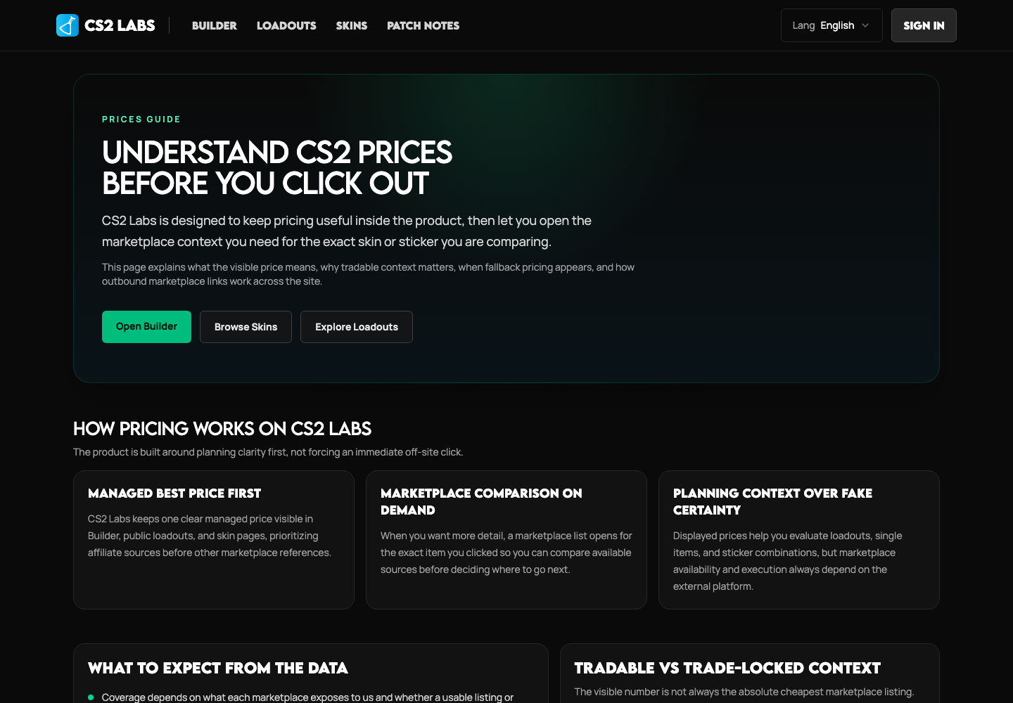 The CS2 Labs pricing guide and marketplace methodology interface