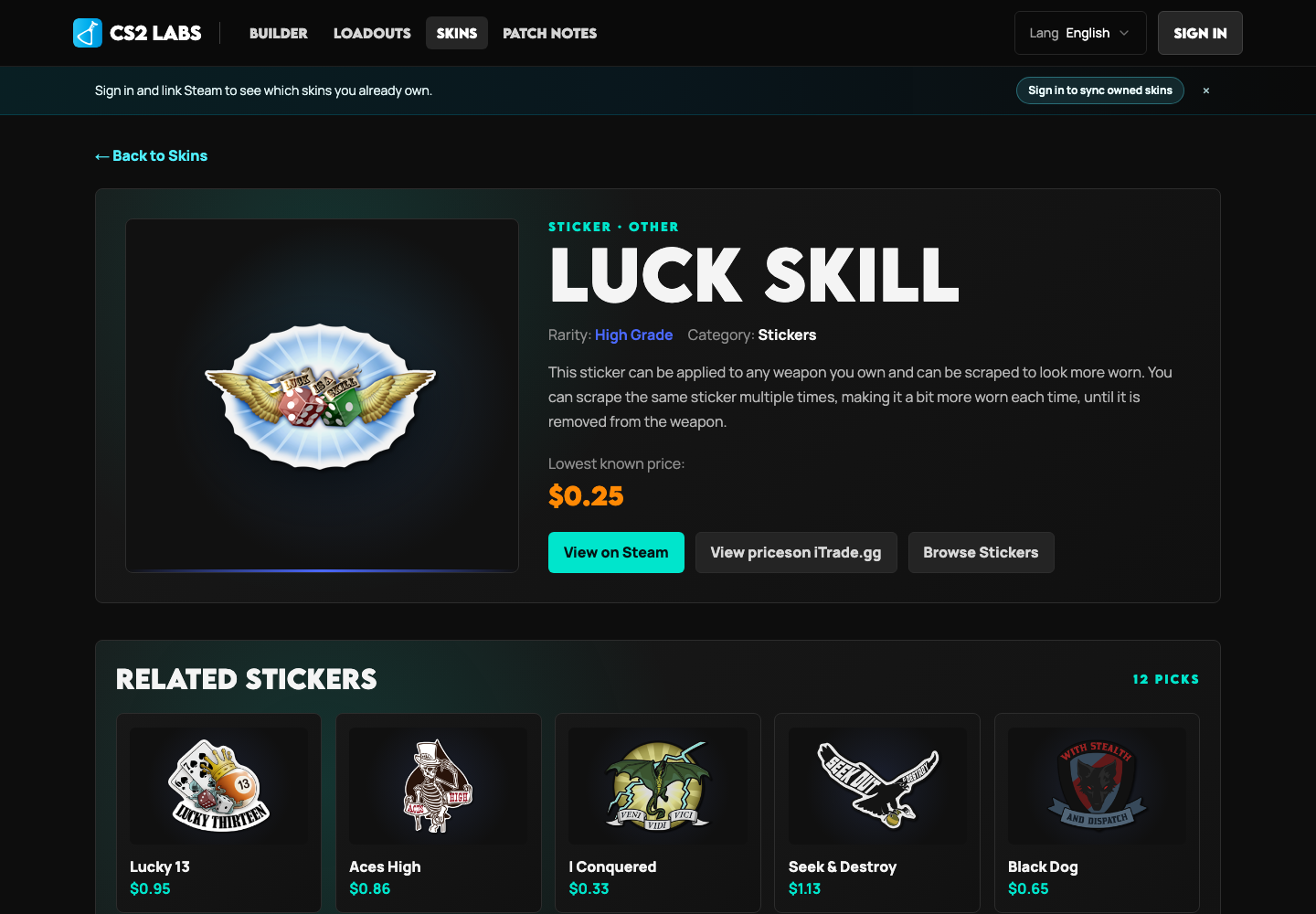 A CS2 Labs sticker catalog page used while planning a weapon craft